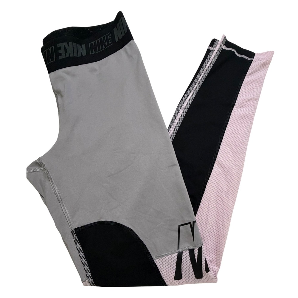 Nike Pro Dri-FIT Leggings Womens Medium Grey Pink Black Colorblock Mesh Tights